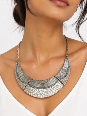 Hammered Silver Tone Statement Necklace Modern Tribal Crescent Boho Collar Bib
